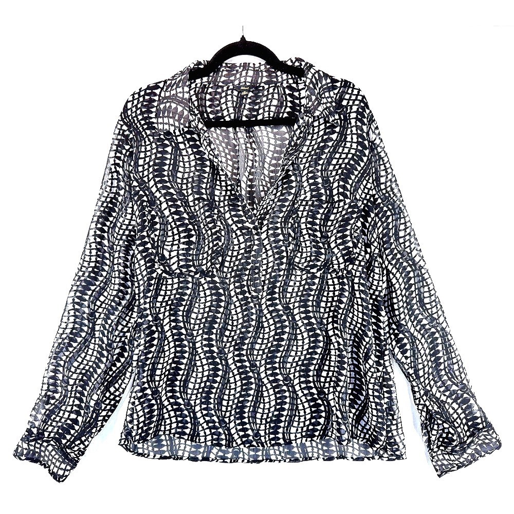 Milano Black White Geometric Artsy Snake Wave Print Sheer Chiffon Camp Blouse XL